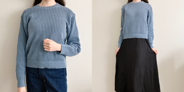 無印良品で、コスパばつぐんの「春トップス」を見つけました！, ほんのり肌が透ける、メッシュ生地のトップスです。, 洗濯機でガシガシ洗えるのがうれしい！, 着用感は、普段選ぶサイズでちょうどよかったです。, 春の寒暖差対策にぴったりです。