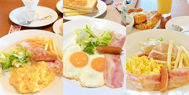 デニーズでは、ホテルの朝食みたいな「贅沢モーニング」を販売中です。, 1.「ブランチプレート」, スクランブルエッグはふわふわとした食感。, フレンチトーストは、外はさくっと、中はしっとりした食感です。, 2.「グランドスラムモーニング」, スクランブルエッグは、見た目以上に食べ応えばつぐん！, 国産小麦のパンケーキは、もちもち食感がクセになります。, 3.「サニーサイドアップモーニング」, 目玉焼きは、ホテルで提供されるような、うつくしい見た目。, グリルドチーズサンドは、バターの香りが楽しめます。