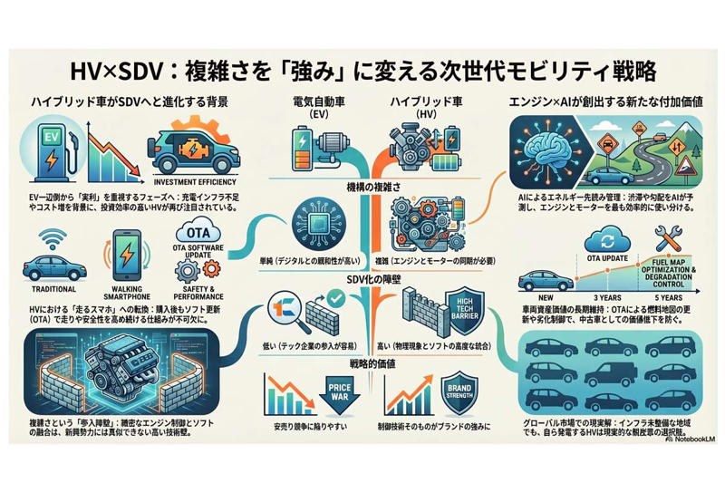EVシフトの一服とHV回帰, HVとSDVの融合という課題, SDVの基本とEVとの親和性, HVのSDV化における技術的な壁, エンジンとAIが生む新たな価値, HVとSDVの経済的な合理性, 2030年に生き残る条件