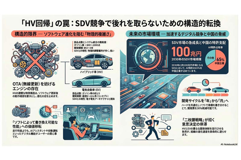 物理からソフトへ、車の価値を決める転換点, 目先の利益が招く、開発資源の停滞という罠, 複雑な機械構造が阻む、デジタル進化の速度, データが支配する市場、中国勢の圧倒的攻勢, 開発期間を劇的に削る、土台共通化の衝撃, 二枚腰戦略の限界、存続を賭けた自己変革