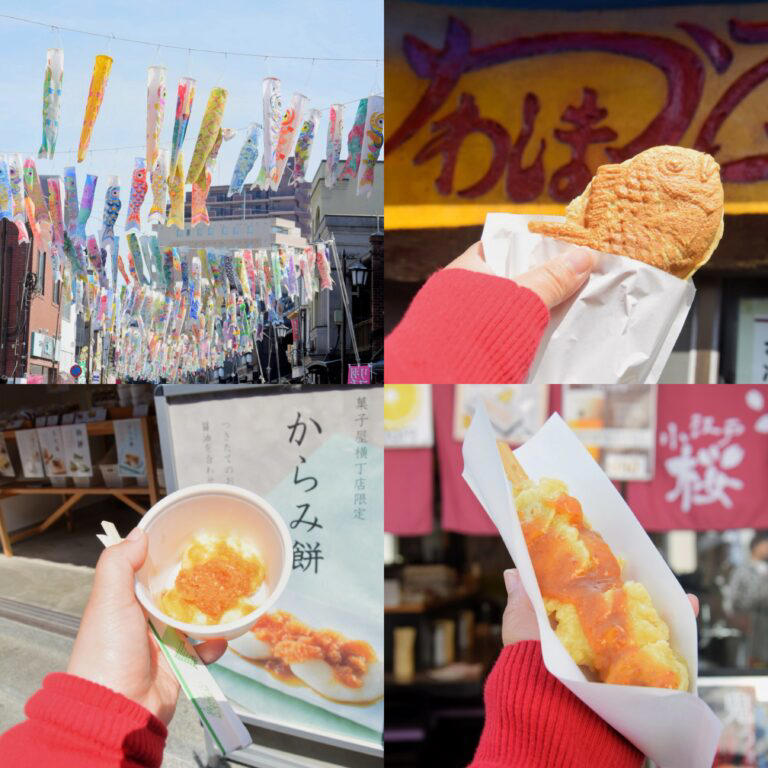 空いっぱいに泳ぐ美しい鯉のぼりたち, 食べ歩きのスタートはここから！「小江戸 桜」, 埼玉名物「みそポテト」で小腹満たし, レトロな空気漂う「菓子屋横丁」へ, 老舗和菓子店でひと休み「亀屋 菓子屋横丁店」, ここでしか味わえない限定の一品, 懐かしさ感じる昔ながらのたい焼き「かわしま屋」, 外カリッ、中とろ〜りの贅沢食感, 見ているだけで楽しいカラフルな飴の世界「玉力製菓」, 子どもが夢中になる可愛いごほうび, 春の川越で、心ほどけるひとときを