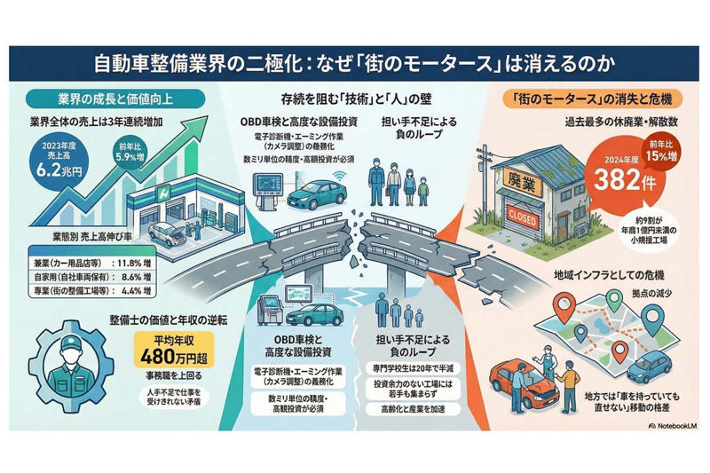 整備業の退出加速, 過去最多の退出件数, 整備士減少と需給の崩れ, 制度変更がもたらす現場転換, 市場二極化の進行, 維持困難時代の到来