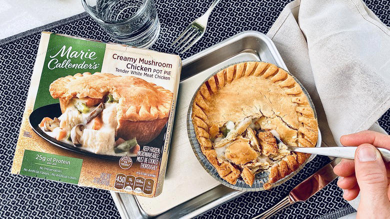 Leave: Marie Callender's Creamy Mushroom Chicken Pot Pie Leave: Raised Gluten-Free Vegetable Pot Pie, Leave: Blake's Turkey Pot Pie, Leave: Banquet Beef Pot Pie, Buy: Marie Callender's Plant Based Be'f Pot Pie, Leave: Marie Callender's Creamy Mushroom Chicken Pot Pie, Buy: Boomerang's Mac & Cheese Pot Pie, Buy: Banquet Deep Dish Cheesy Ham & Potato Pot Pie, Leave: Boomerang's Spinach & Mushroom Pot Pie, Leave: Banquet Sausage & Gravy Deep Dish Pot Pie