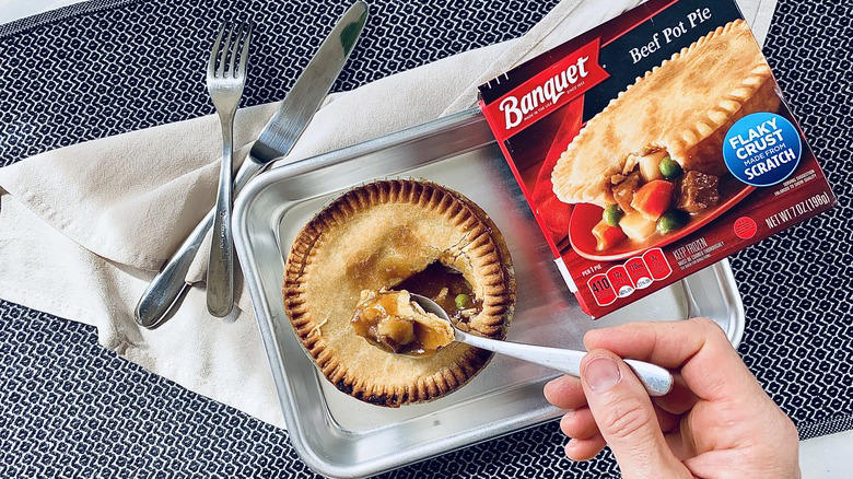 Leave: Banquet Beef Pot Pie Leave: Raised Gluten-Free Vegetable Pot Pie, Leave: Blake's Turkey Pot Pie, Leave: Banquet Beef Pot Pie, Buy: Marie Callender's Plant Based Be'f Pot Pie, Leave: Marie Callender's Creamy Mushroom Chicken Pot Pie, Buy: Boomerang's Mac & Cheese Pot Pie, Buy: Banquet Deep Dish Cheesy Ham & Potato Pot Pie, Leave: Boomerang's Spinach & Mushroom Pot Pie, Leave: Banquet Sausage & Gravy Deep Dish Pot Pie