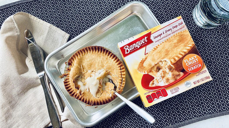 Leave: Banquet Sausage & Gravy Deep Dish Pot Pie Leave: Raised Gluten-Free Vegetable Pot Pie, Leave: Blake's Turkey Pot Pie, Leave: Banquet Beef Pot Pie, Buy: Marie Callender's Plant Based Be'f Pot Pie, Leave: Marie Callender's Creamy Mushroom Chicken Pot Pie, Buy: Boomerang's Mac & Cheese Pot Pie, Buy: Banquet Deep Dish Cheesy Ham & Potato Pot Pie, Leave: Boomerang's Spinach & Mushroom Pot Pie, Leave: Banquet Sausage & Gravy Deep Dish Pot Pie