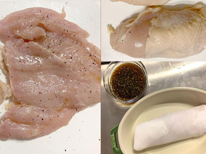 鶏チャーシューの作り方, よだれ鶏用の材料の下ごしらえ, よだれ鶏風タレの作り方, 鶏チャーシューを切り分ける, レンチンで簡単！よだれ鶏風チャーシューの完成！