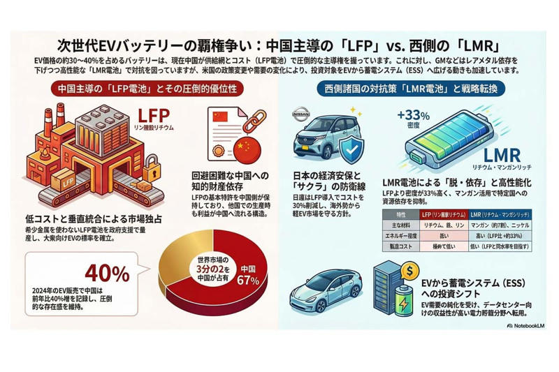 電池主導型市場構造の進行, LFP電池の台頭と中国優位の固定化, 航続距離と価格の両立を狙うLMR電池, LFP依存と米国EV普及の足踏み, 蓄電池政策と供給網の国内強化, 政策変動とEV投資の見直し, LMR電池の実用化とGMの攻勢