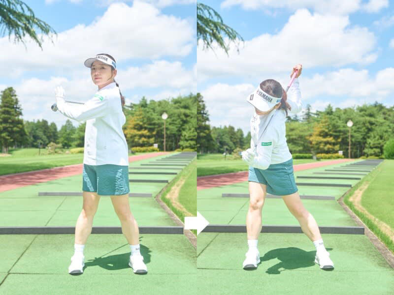 有村智恵、ラウンドに向けた朝の準備を解説！, 有村智恵のプロフィール, 【ほぐす】動的ストレッチで自然に「ほぐす」, ”握らない”グリップで素振りをする, 【広げる】足でクラブを振る感覚を覚える, なるべく遠くにヘッドを上げるイメージが〇, 【締める】広げた可動域を実戦向けに締める, 腸腰筋が縮んでいると腰が伸ばせない, 「段階的練習」で”脳”にラウンドへの準備をうながす, 【片手打ち】手の役割を知るために片手打ちは必須の練習, 始動でコッキングするのが○, 右手は手打ちになりやすい, 左手は軸ズレやワキがあきやすい, 【両手打ち】徐々にスタンス幅を広げながらスイング幅を大きくしていく, トップは前傾角度がキープできるところまで, 有村智恵のプロフィール