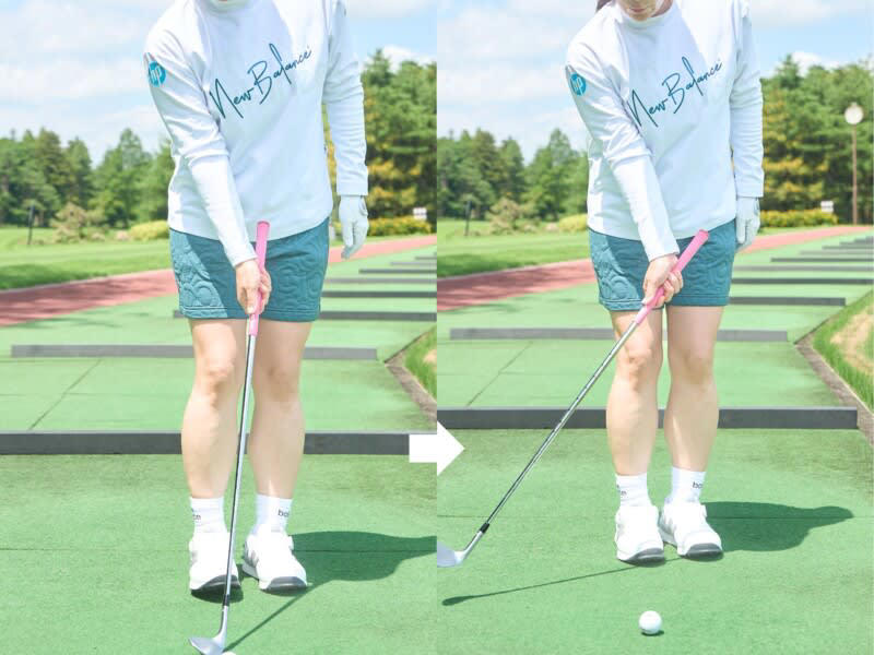 有村智恵、ラウンドに向けた朝の準備を解説！, 有村智恵のプロフィール, 【ほぐす】動的ストレッチで自然に「ほぐす」, ”握らない”グリップで素振りをする, 【広げる】足でクラブを振る感覚を覚える, なるべく遠くにヘッドを上げるイメージが〇, 【締める】広げた可動域を実戦向けに締める, 腸腰筋が縮んでいると腰が伸ばせない, 「段階的練習」で”脳”にラウンドへの準備をうながす, 【片手打ち】手の役割を知るために片手打ちは必須の練習, 始動でコッキングするのが○, 右手は手打ちになりやすい, 左手は軸ズレやワキがあきやすい, 【両手打ち】徐々にスタンス幅を広げながらスイング幅を大きくしていく, トップは前傾角度がキープできるところまで, 有村智恵のプロフィール