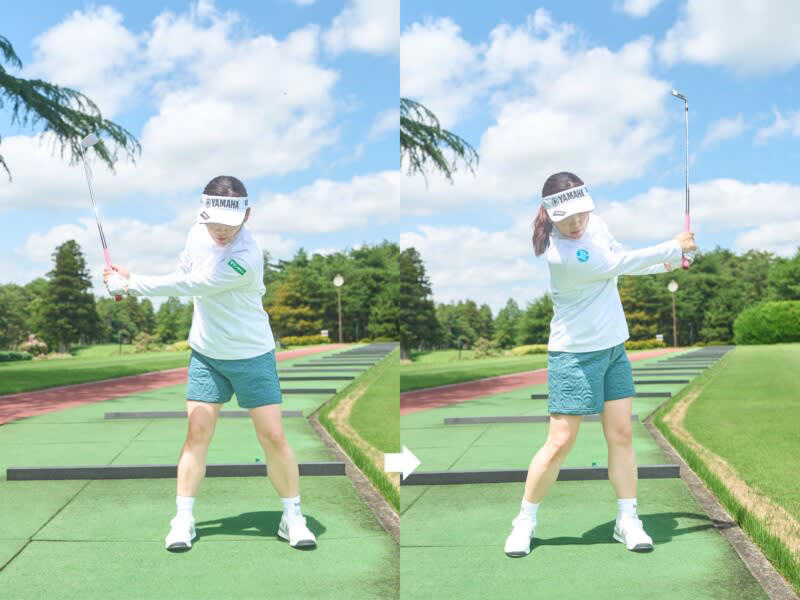 有村智恵、ラウンドに向けた朝の準備を解説！, 有村智恵のプロフィール, 【ほぐす】動的ストレッチで自然に「ほぐす」, ”握らない”グリップで素振りをする, 【広げる】足でクラブを振る感覚を覚える, なるべく遠くにヘッドを上げるイメージが〇, 【締める】広げた可動域を実戦向けに締める, 腸腰筋が縮んでいると腰が伸ばせない, 「段階的練習」で”脳”にラウンドへの準備をうながす, 【片手打ち】手の役割を知るために片手打ちは必須の練習, 始動でコッキングするのが○, 右手は手打ちになりやすい, 左手は軸ズレやワキがあきやすい, 【両手打ち】徐々にスタンス幅を広げながらスイング幅を大きくしていく, トップは前傾角度がキープできるところまで, 有村智恵のプロフィール