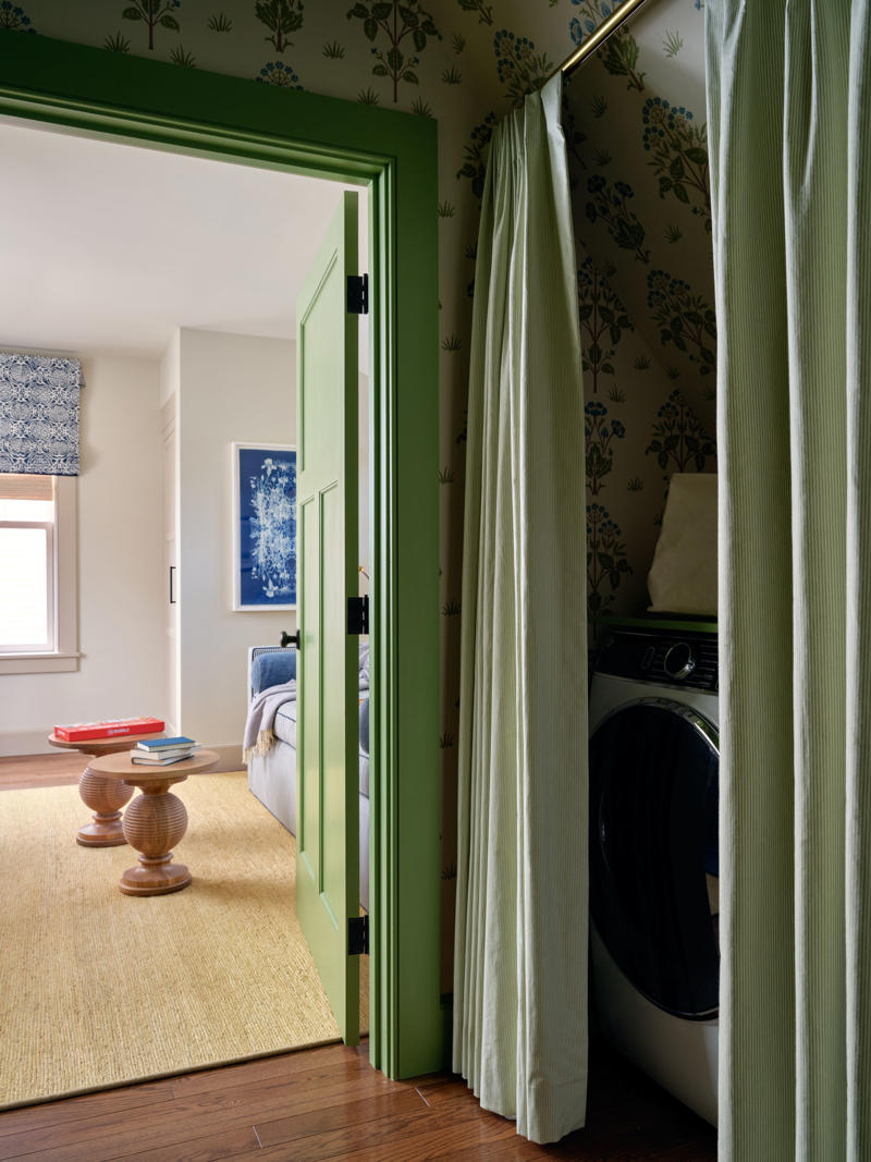 Embrace a color-drenching moment, Say yes to spray paint, Just add curtains, Nod to location, Work your vertical space, Don’t overlook the floor, Use a sliding door, Don’t hold back on detail, Add a clothing rod, Create a multiuse space, Add color with a bold wallpaper, Plan around storage, Don’t forget the art, Install high shelving, Put every flat surface to use, Incorporate hampers for easy organization, Put a drying rack on the wall, It’s okay to cover windows, Keep laundry materials out of sight, Create a dual mudroom, Built-in furniture is not the only path to success, Place pattern all over, Install a unique light fixture, Place cabinets on top of your washer/dryer, Add texture with cabinet fronts, Hide away your washer and dryer, Camouflage appliances, Go for sliding racks, Lean into neutrals, Add a countertop to a galley laundry room, Choose a vibrant color scheme, Play with geometry, Opt for moody elegance