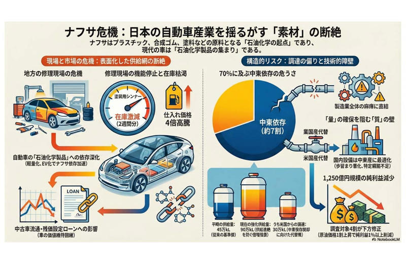 素材起点の産業構造, 流通末端で進む供給ひっ迫, 中東依存が生む供給リスク, 原油高が直撃する川上産業, 供給分散とコスト増の課題, 原料依存が招く構造的弱点, 脱中東依存の現実的課題