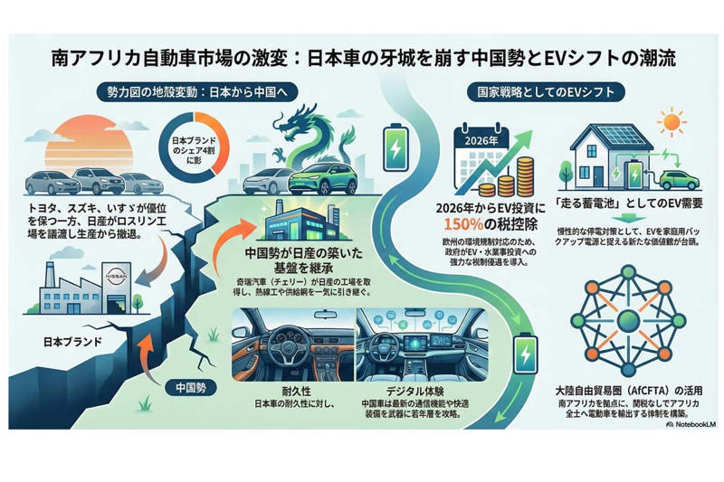 南アフリカ市場の規模, 南アフリカの生産拠点, 電動化政策と産業転換, 中国勢の拡大と工場取得, アフリカ市場の中古車依存, 南アフリカ市場の競争激化
