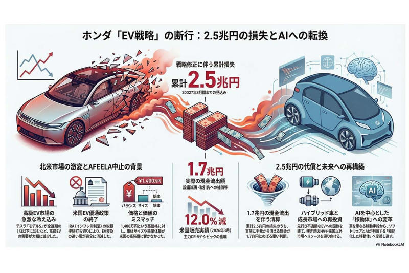 EV敗北論の再検証と構造転換の視点, 高価格EVモデル成立の限界, インセンティブ消失と政策転換の影響, 北米高級EV市場の構造変容, 1.7兆円現金流出と事業清算プロセス, EV戦略転換と経営構造の再定義