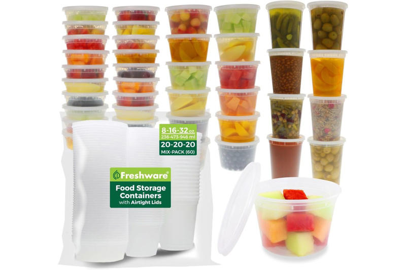 Freshware Food Storage Deli Containers With Lids, Cambro 2-Pack Food Storage Containers With Lids, Rubbermaid Brilliance Pantry Food Storage Containers, Set of 4, ComSaf Dry Storage Containers, Set of 3, Tupperware Heritage Collection 36-Piece Food Storage Container Set