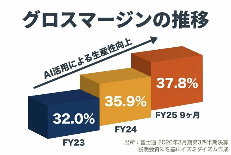 【富士通】売上は微増、しかし利益は「ほぼ倍」という驚異の決算, 利益倍増のカラクリをPL（損益計算書）から読み解く, グロスマージン（粗利率）改善を支える「3つの要因」, 生産性が「100倍」に？AIがもたらすSIerの現場革命, ラピダス出資から考える「最終製品」の重要性, まとめ：AIの進化と富士通の次なる一手