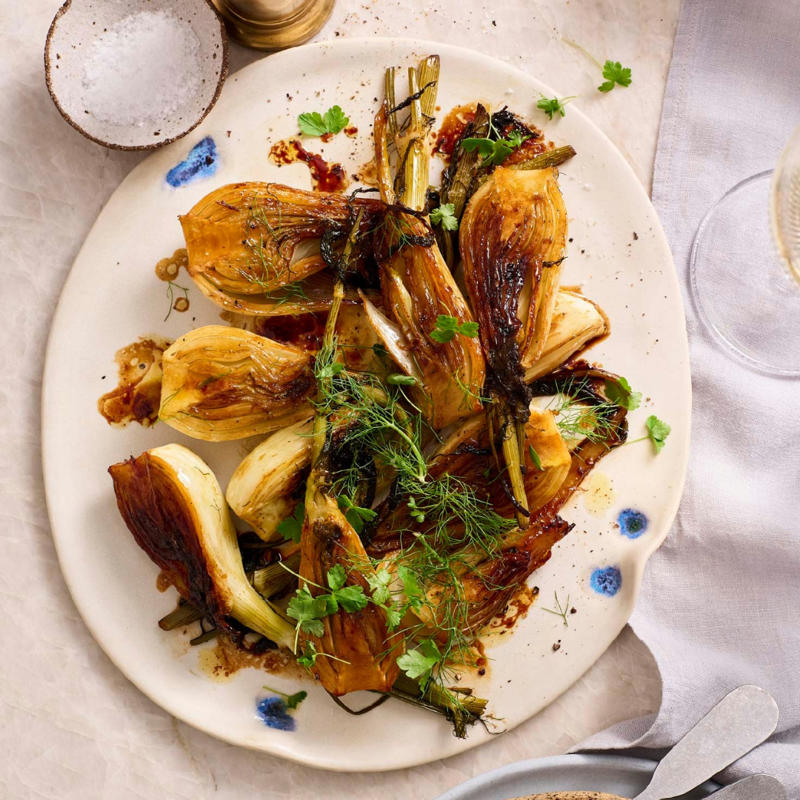          Stephanie Alexander’s avocado bavarois with crab and finger lime      ,          Stephanie Alexander’s fennel braised with balsamic vinegar and honey      ,          Stephanie Alexander’s roast rack of pork with pears      ,          Stephanie Alexander’s roasted rosemary potatoes      