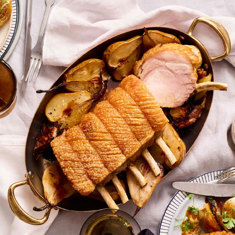          Stephanie Alexander’s avocado bavarois with crab and finger lime      ,          Stephanie Alexander’s fennel braised with balsamic vinegar and honey      ,          Stephanie Alexander’s roast rack of pork with pears      ,          Stephanie Alexander’s roasted rosemary potatoes      