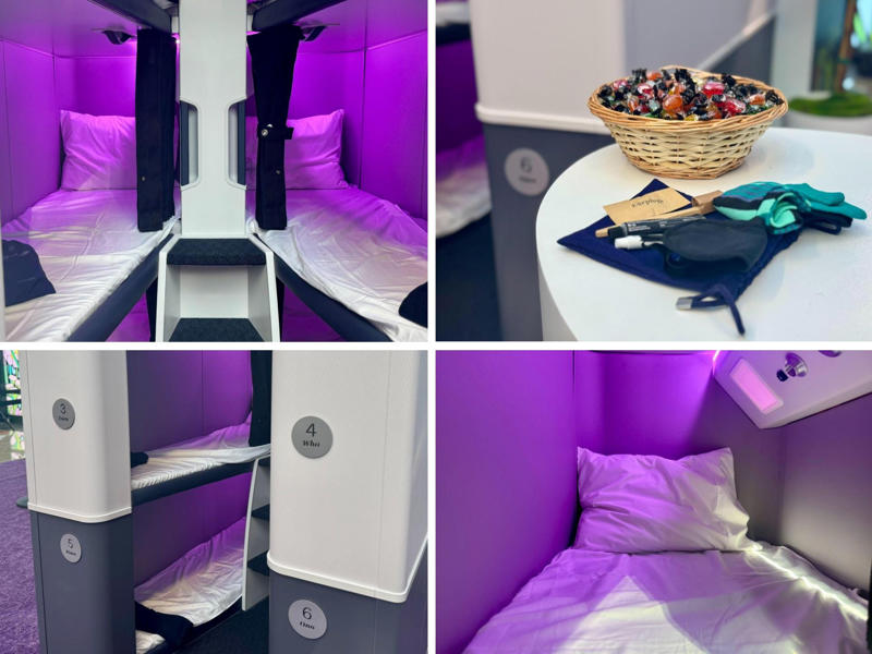 Flyers get soft linens and an amenity kit. The Skynest will be located in the middle of the plane., It features curtains, power, and a seatbelt., Flyers get soft linens and an amenity kit., I'd prefer the bottom or middle bunks., Flyers will eat before or after their block., You must be 15 or older., I'd book the Skynest to fight jet lag., The Skynest is ANZ's second economy bed.
