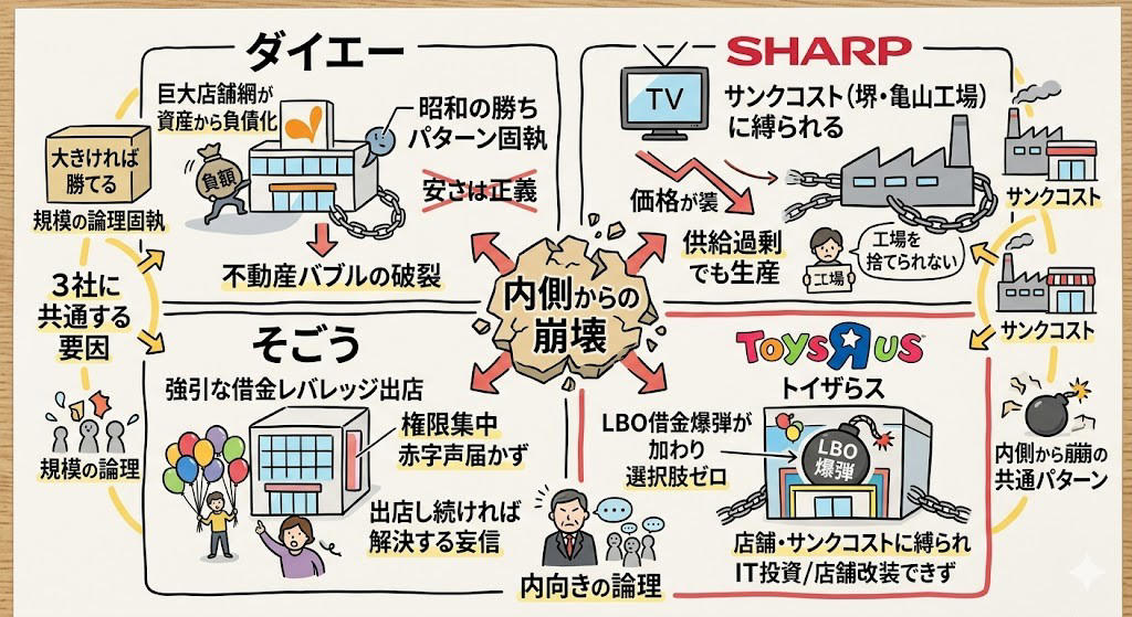 この記事で学べること, ベビーベッドは1回しか売れん, 「カテゴリーキラー」という発明, 年54億円を払ってAmazonに賭けた。そして裏切られた, 裁判には勝った。競争には負けた, 頭金2割で1兆円の会社を手に入れる方法, 年440億円が利息に消えた。でも売上は伸びてた, コンセプト店を1つだけ作れた。でも全国展開の金がなかった, ファンドは「損した」。でも520億円は回収してた, トイザらスが消えたら、おもちゃ市場が7%伸びた, ダイエー、シャープ、そごう。日本でも繰り返された「内側からの崩壊」, 創業者は知らないまま逝った, まとめ: 金利のある世界を生き残るチェックリスト
