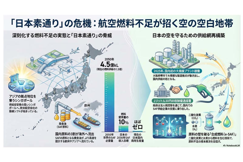 燃料不足が招く就航停滞, 燃料不足で止まる増便受け入れ, SAFの特性と排出削減効果, 拡大するSAF需要と国内生産の遅れ, 高騰する製造コストと原料争奪, 供給網未整備が招く経済負担, 補助金と規制が主導する国際競争, 産官学連携による供給体制整備