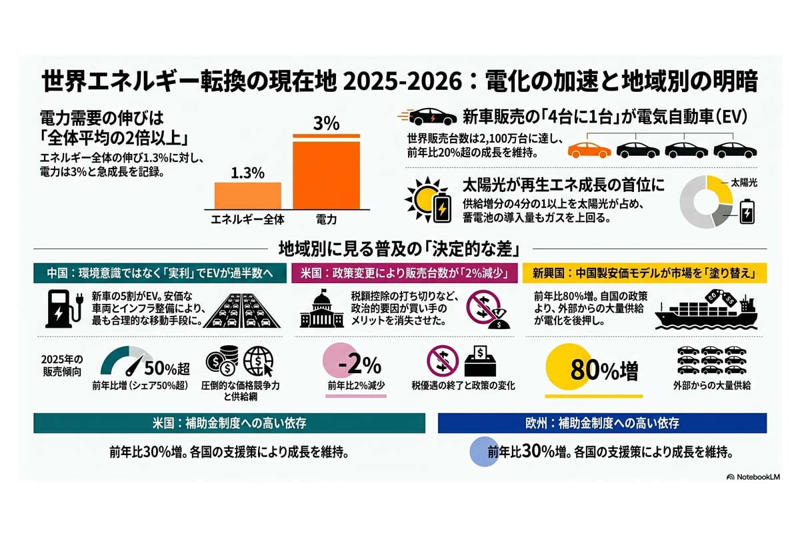 電化は「量」より「構造」の変化, 中国でEVが標準になった理由, 欧州と新興国の市場動向, 「石油の終焉」も「EVの勝利」も早計