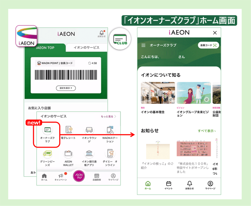 4月17日からスタートしたアプリiAEONの「イオンオーナーズクラブ」でできるようになることとは？, 【順次拡充の予定】アプリ『iAEON』内「イオンオーナーズクラブ」でできるようになること, 【イオン（8267）の株主優待】オーナーズカードは買い物での提示でキャッシュバックが受けられる, 【イオン（8267）】4月24日の株価の終値は1,539.5円