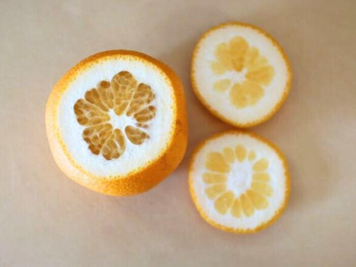 はっさく・夏みかんの皮の上手なむき方, １．上下を切り落とす, ２．りんごの皮むきのように外皮をむく, ３．房を分けて、薄皮をむく, すべての房から果を取り出せば完成！