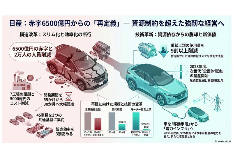 業績悪化と大規模見直し, 資源依存という構造問題, 資源依存を減らす技術開発, 再建への疑問と実態, 競争軸の変化と販売目標