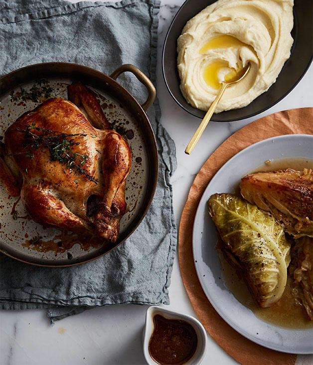          Sean Moran’s famous roast chicken with bread sauce      ,          Yoghurt roast chicken      ,          Roast chicken with preserved lemon and herbs      ,          Roasted harissa apricot chicken with almond and herb couscous      ,          Epocha’s roast chicken, braised Savoy cabbage, prune and butter sauce      ,          Za’atar roast chicken with pilaf, pomegranate and nuts      ,          Pan-roasted chicken with artichokes and salad onion      ,          Roast chicken thighs with sourdough panzanella      ,          Roast chicken with anchovy butter and greens      ,          Roast chicken with tarragon butter and Dutch carrots      ,          Matt Moran’s chicken roasted in spiced hay with lemon stuffing      ,          Nonna’s rice-stuffed chicken by Matteo Tine      ,          Paprika roast chicken with chorizo and white beans      