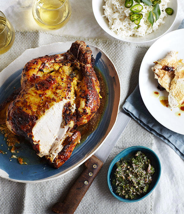          Sean Moran’s famous roast chicken with bread sauce      ,          Yoghurt roast chicken      ,          Roast chicken with preserved lemon and herbs      ,          Roasted harissa apricot chicken with almond and herb couscous      ,          Epocha’s roast chicken, braised Savoy cabbage, prune and butter sauce      ,          Za’atar roast chicken with pilaf, pomegranate and nuts      ,          Pan-roasted chicken with artichokes and salad onion      ,          Roast chicken thighs with sourdough panzanella      ,          Roast chicken with anchovy butter and greens      ,          Roast chicken with tarragon butter and Dutch carrots      ,          Matt Moran’s chicken roasted in spiced hay with lemon stuffing      ,          Nonna’s rice-stuffed chicken by Matteo Tine      ,          Paprika roast chicken with chorizo and white beans      