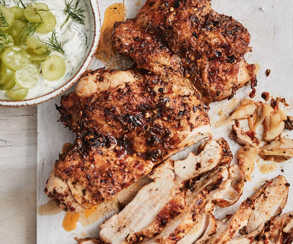          Sean Moran’s famous roast chicken with bread sauce      ,          Yoghurt roast chicken      ,          Roast chicken with preserved lemon and herbs      ,          Roasted harissa apricot chicken with almond and herb couscous      ,          Epocha’s roast chicken, braised Savoy cabbage, prune and butter sauce      ,          Za’atar roast chicken with pilaf, pomegranate and nuts      ,          Pan-roasted chicken with artichokes and salad onion      ,          Roast chicken thighs with sourdough panzanella      ,          Roast chicken with anchovy butter and greens      ,          Roast chicken with tarragon butter and Dutch carrots      ,          Matt Moran’s chicken roasted in spiced hay with lemon stuffing      ,          Nonna’s rice-stuffed chicken by Matteo Tine      ,          Paprika roast chicken with chorizo and white beans      