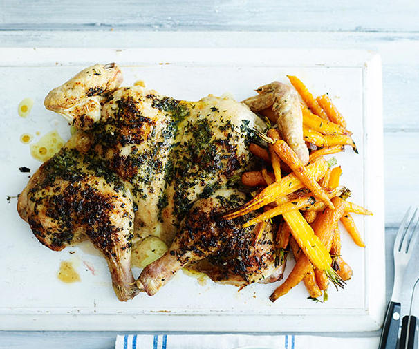          Sean Moran’s famous roast chicken with bread sauce      ,          Yoghurt roast chicken      ,          Roast chicken with preserved lemon and herbs      ,          Roasted harissa apricot chicken with almond and herb couscous      ,          Epocha’s roast chicken, braised Savoy cabbage, prune and butter sauce      ,          Za’atar roast chicken with pilaf, pomegranate and nuts      ,          Pan-roasted chicken with artichokes and salad onion      ,          Roast chicken thighs with sourdough panzanella      ,          Roast chicken with anchovy butter and greens      ,          Roast chicken with tarragon butter and Dutch carrots      ,          Matt Moran’s chicken roasted in spiced hay with lemon stuffing      ,          Nonna’s rice-stuffed chicken by Matteo Tine      ,          Paprika roast chicken with chorizo and white beans      