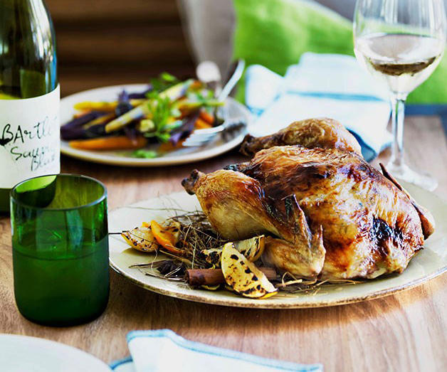          Sean Moran’s famous roast chicken with bread sauce      ,          Yoghurt roast chicken      ,          Roast chicken with preserved lemon and herbs      ,          Roasted harissa apricot chicken with almond and herb couscous      ,          Epocha’s roast chicken, braised Savoy cabbage, prune and butter sauce      ,          Za’atar roast chicken with pilaf, pomegranate and nuts      ,          Pan-roasted chicken with artichokes and salad onion      ,          Roast chicken thighs with sourdough panzanella      ,          Roast chicken with anchovy butter and greens      ,          Roast chicken with tarragon butter and Dutch carrots      ,          Matt Moran’s chicken roasted in spiced hay with lemon stuffing      ,          Nonna’s rice-stuffed chicken by Matteo Tine      ,          Paprika roast chicken with chorizo and white beans      