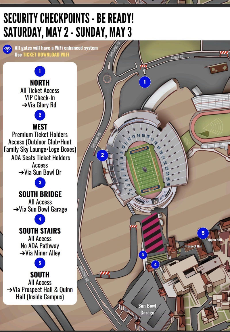What time will BTS perform at the Sun Bowl?, When to arrive at Sun Bowl Stadium, Where can I buy BTS merchandise?, Fans can hang out at Fan Plaza, Can I bring posters, freebies to trade with other Army?, I'm dropping off my teen, where can I hang out?, People warned to stay off mountains, What to know about event parking, Prohibited items, Permitted items, What to know about ride share, bus and trolley rides, Driving Directions to Sun Bowl Stadium, From Interstate 10 (East):, From Interstate 10 (West):