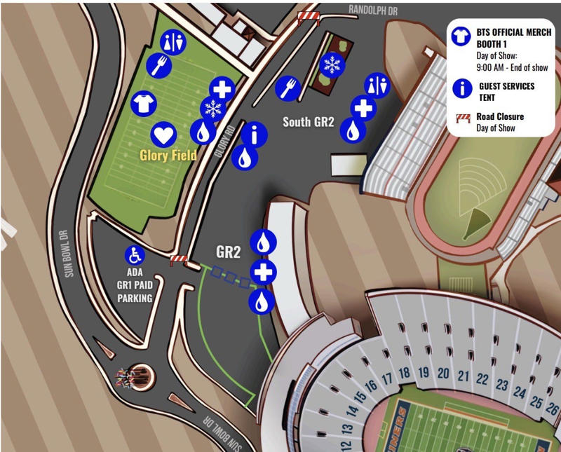 What time will BTS perform at the Sun Bowl?, When to arrive at Sun Bowl Stadium, Where can I buy BTS merchandise?, Fans can hang out at Fan Plaza, Can I bring posters, freebies to trade with other Army?, I'm dropping off my teen, where can I hang out?, People warned to stay off mountains, What to know about event parking, Prohibited items, Permitted items, What to know about ride share, bus and trolley rides, Driving Directions to Sun Bowl Stadium, From Interstate 10 (East):, From Interstate 10 (West):