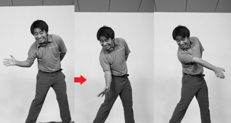 加速力を上げるのは腕の動き！, 腕が遅れることでタメやしなりを作れる, ヒジを軽く曲げると腕全体が脱力できる, グリップはユルユル！ひよこを握る強さで, 腕と体が一緒に動くと上半身が突っ込んでしまう, ダウンスイングの途中から握っていく!