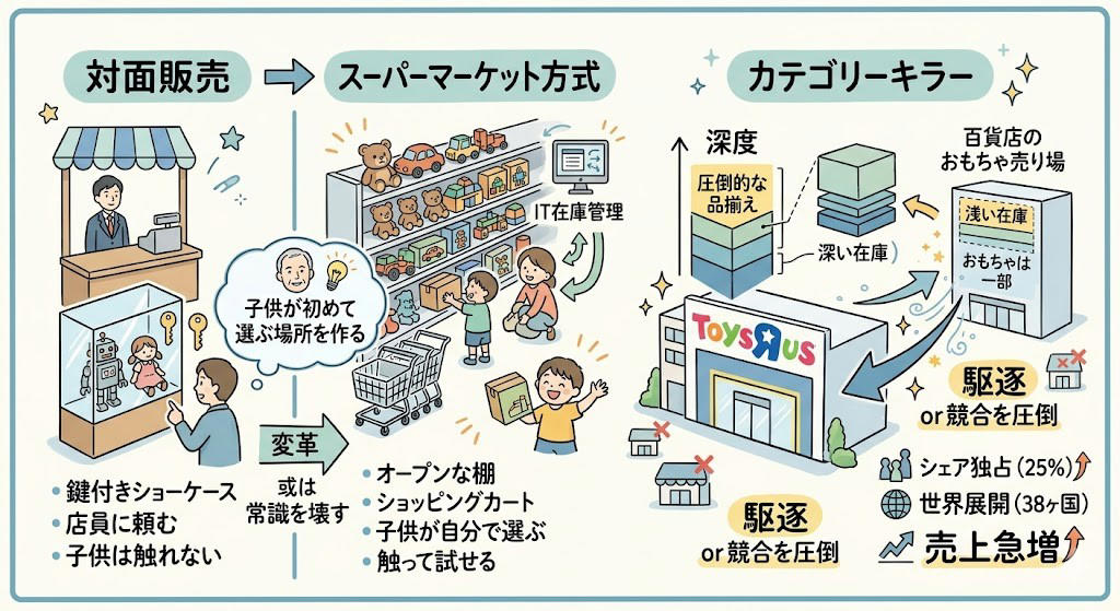 この記事で学べること, ベビーベッドは1回しか売れん, 「カテゴリーキラー」という発明, 年54億円を払ってAmazonに賭けた。そして裏切られた, 裁判には勝った。競争には負けた, 頭金2割で1兆円の会社を手に入れる方法, 年440億円が利息に消えた。でも売上は伸びてた, コンセプト店を1つだけ作れた。でも全国展開の金がなかった, ファンドは「損した」。でも520億円は回収してた, トイザらスが消えたら、おもちゃ市場が7%伸びた, ダイエー、シャープ、そごう。日本でも繰り返された「内側からの崩壊」, 創業者は知らないまま逝った, まとめ: 金利のある世界を生き残るチェックリスト
