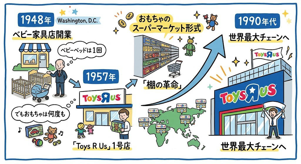 この記事で学べること, ベビーベッドは1回しか売れん, 「カテゴリーキラー」という発明, 年54億円を払ってAmazonに賭けた。そして裏切られた, 裁判には勝った。競争には負けた, 頭金2割で1兆円の会社を手に入れる方法, 年440億円が利息に消えた。でも売上は伸びてた, コンセプト店を1つだけ作れた。でも全国展開の金がなかった, ファンドは「損した」。でも520億円は回収してた, トイザらスが消えたら、おもちゃ市場が7%伸びた, ダイエー、シャープ、そごう。日本でも繰り返された「内側からの崩壊」, 創業者は知らないまま逝った, まとめ: 金利のある世界を生き残るチェックリスト