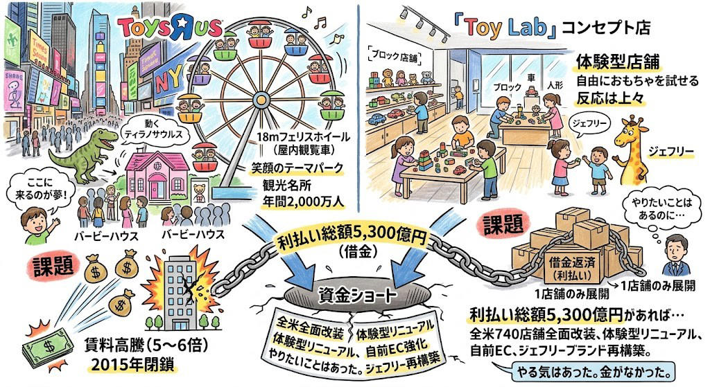 この記事で学べること, ベビーベッドは1回しか売れん, 「カテゴリーキラー」という発明, 年54億円を払ってAmazonに賭けた。そして裏切られた, 裁判には勝った。競争には負けた, 頭金2割で1兆円の会社を手に入れる方法, 年440億円が利息に消えた。でも売上は伸びてた, コンセプト店を1つだけ作れた。でも全国展開の金がなかった, ファンドは「損した」。でも520億円は回収してた, トイザらスが消えたら、おもちゃ市場が7%伸びた, ダイエー、シャープ、そごう。日本でも繰り返された「内側からの崩壊」, 創業者は知らないまま逝った, まとめ: 金利のある世界を生き残るチェックリスト