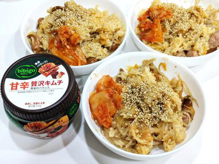 ■※焼き肉のたれを調味料を合わせて作ってみました！, ■水の量は調味料を入れてからのお米2合の目盛りまで, ■炊けましたぁ～, ■お好みでキムチと白ごまをトッピング, ■とろけるチーズをinで再TRY