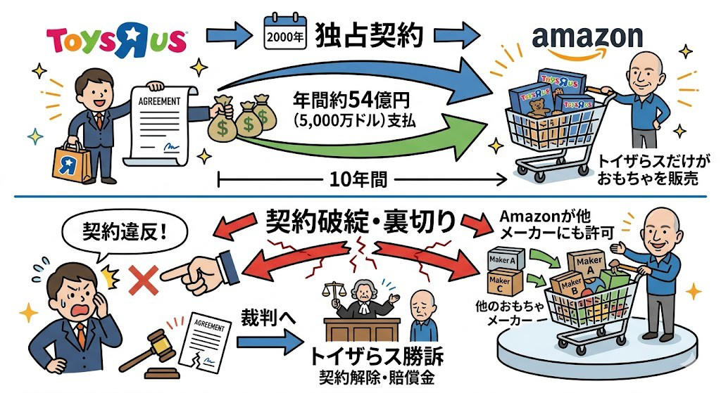 この記事で学べること, ベビーベッドは1回しか売れん, 「カテゴリーキラー」という発明, 年54億円を払ってAmazonに賭けた。そして裏切られた, 裁判には勝った。競争には負けた, 頭金2割で1兆円の会社を手に入れる方法, 年440億円が利息に消えた。でも売上は伸びてた, コンセプト店を1つだけ作れた。でも全国展開の金がなかった, ファンドは「損した」。でも520億円は回収してた, トイザらスが消えたら、おもちゃ市場が7%伸びた, ダイエー、シャープ、そごう。日本でも繰り返された「内側からの崩壊」, 創業者は知らないまま逝った, まとめ: 金利のある世界を生き残るチェックリスト