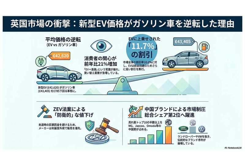 英国で起きたEV価格逆転, データが示す現状, 制度的強制力が生む値引き, 中国メーカーの台頭, 変化する自動車市場の秩序