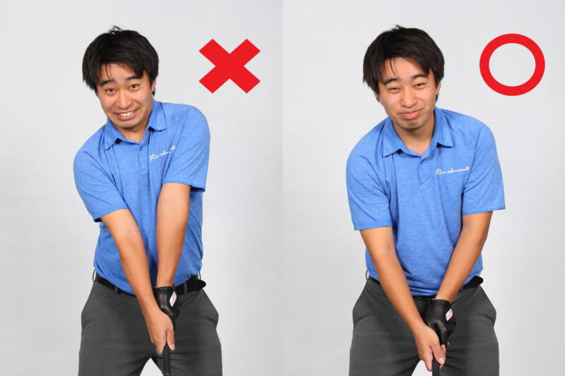 加速力を上げるのは腕の動き！, 腕が遅れることでタメやしなりを作れる, ヒジを軽く曲げると腕全体が脱力できる, グリップはユルユル！ひよこを握る強さで, 腕と体が一緒に動くと上半身が突っ込んでしまう, ダウンスイングの途中から握っていく!