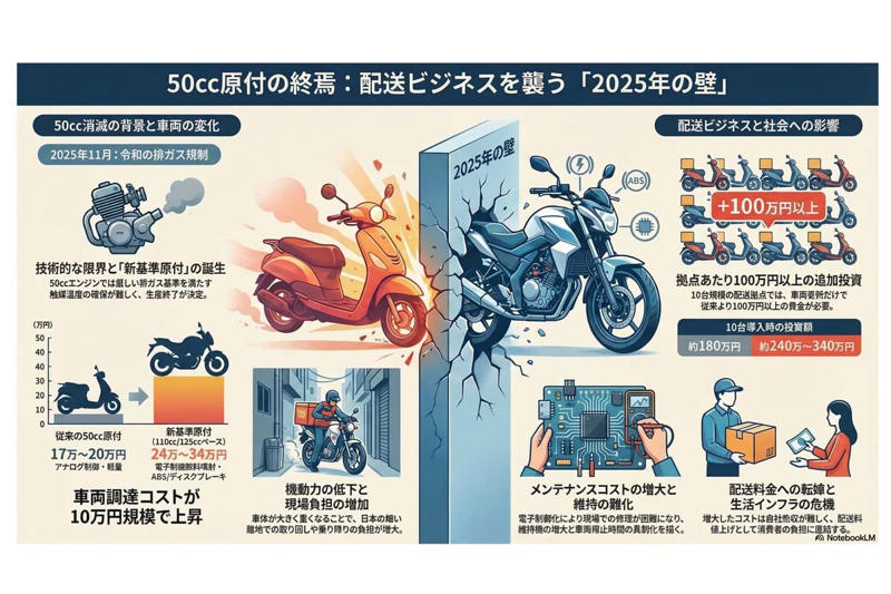 50cc原付消滅が映すラストワンマイルの変化, 排ガス規制と小排気量エンジンの壁, 新基準原付が突きつける車両投資負担, 環境性能向上と配送現場の機動力低下, 現場に広がるコスト増と中古需要, 低コスト配送モデルの揺らぎ, 低コスト移動手段喪失への社会対応