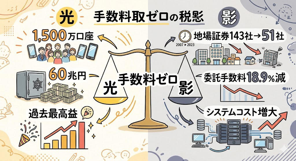 この記事で学べること, 「日本で手数料ゼロは無理がある」, 野村證券の「伝説の証券マン」, なぜ「よそ者」が証券業界に参入できたのか, 「3年以内に全手数料を無料化する」, 手数料ゼロの収益構造を分解する, 楽天証券が「同日発表」に追い込まれた日, 「無料」の爆発力を数字で見る, Spotifyとも、スマホゲームとも違う, 手数料ゼロの「代償」, まとめ：「無料で稼ぐ」は金融だけの話ちゃう