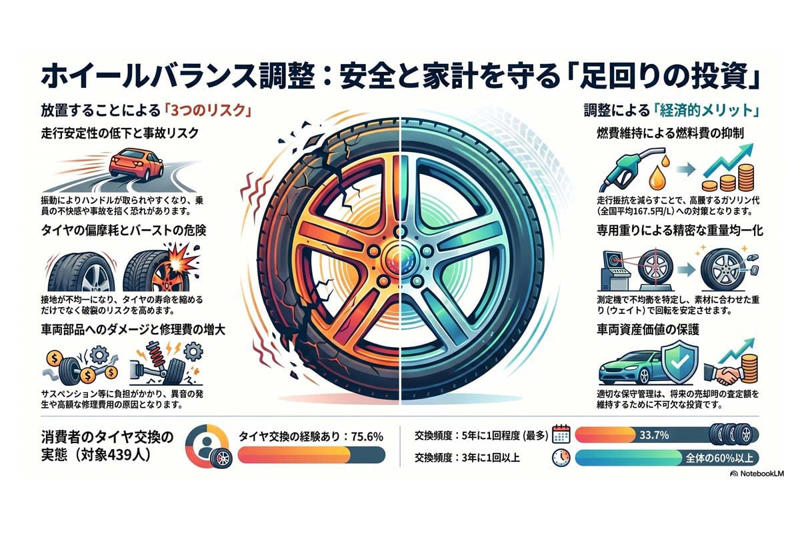 タイヤの基本機能と安全性の根幹, 交換実態と高価格化するタイヤ市場, 車両性能を左右するホイールバランス調整, 未調整が招く安全低下と維持費増大, 燃費悪化と家計負担、予防整備の重要性, 車両価値維持に向けた継続点検の必要性