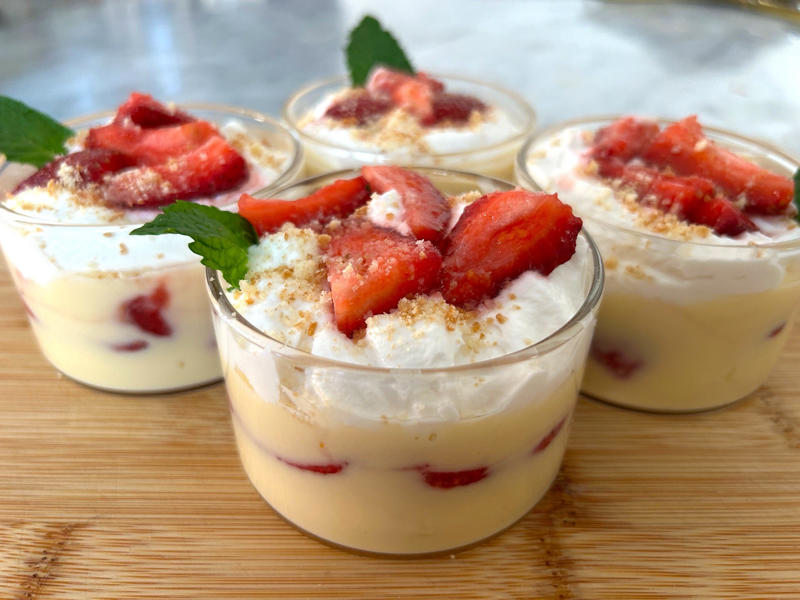 My pudding began to bubble at the five-minute mark., Then I began making the Chantilly cream., Meghan's dessert has a beautiful presentation., I would make Meghan's Chantilly Lili again, especially for Mother's Day.