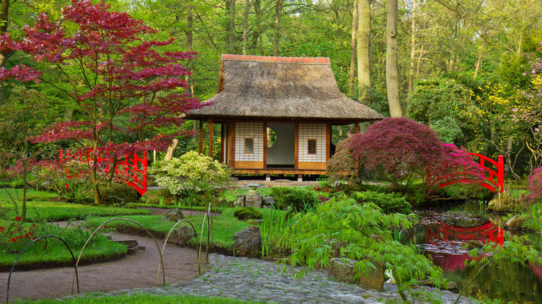 Types of Japanese gardens: the tea garden Koko: the austere beauty of maturity, Kanso: simplicity, Shizen: authentic naturalness, Fukinsei: asymmetry, Yugen: subtle hints at mystery, Datsuzoku: the magic of surprise, Seijaku: quietude and solitude, Types of Japanese gardens: the courtyard garden, Types of Japanese gardens: the tea garden, Elements of the garden: stone, Elements of the garden: water, Elements of the garden: plants, Garden tips: limit your palette, Garden tips: the path is the destination, Garden tips: the mystery is the message, Garden tips: model only the best of the natural world, Garden tips: use overlapping shapes and elements, Garden tips: mimic the landscape, Garden tips: use native plants natively
