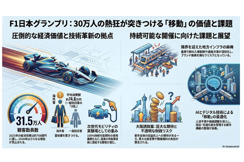 31万人熱狂とインフラ限界の同時進行, 次世代モビリティ実験場への変貌, 地方インフラのひっ迫と移動制約, 地域共存型モビリティビジネスの持続可能性